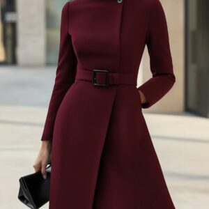 Rich burgundy hue for a luxurious and classic look  High-neck design with asymmetrical button closure