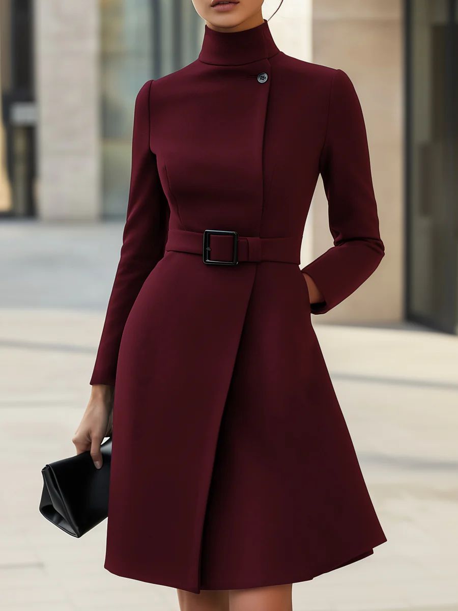 Rich burgundy hue for a luxurious and classic look High-neck design with asymmetrical button closure